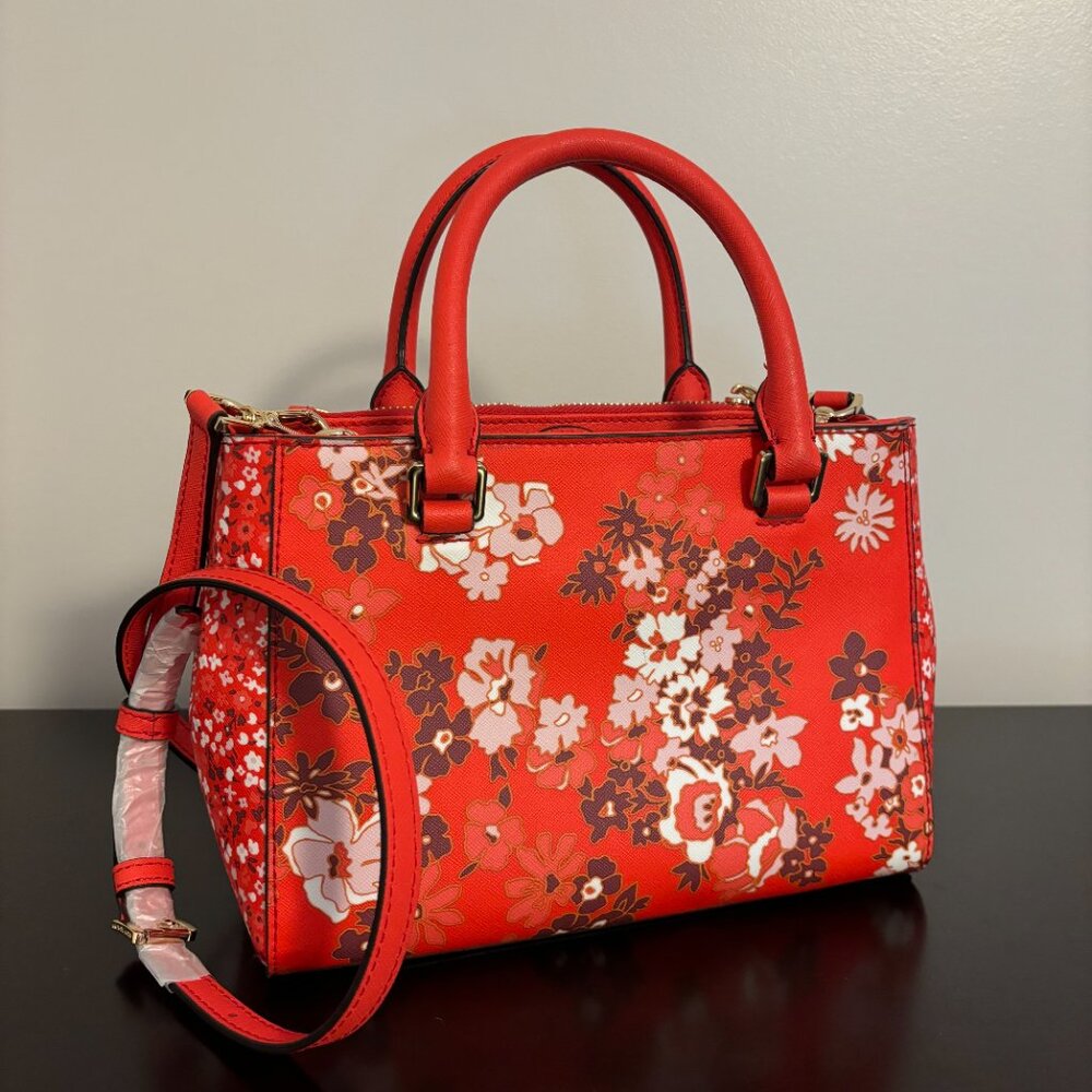 Michel Kors Kellen Red Sangria Floral Saffiano Leather Satchel Crossbody - Picture 4 of 12